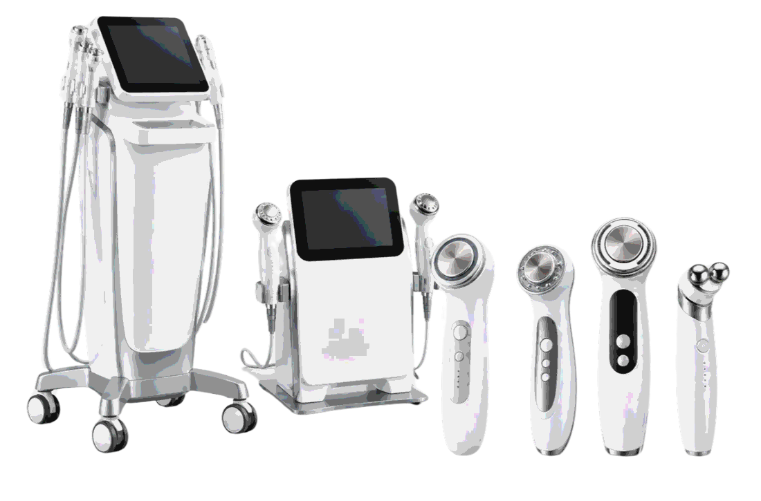 LENARD professional and home-use beauty devices: two floor-standing platforms, a tabletop system and four handheld home devices